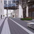 Modern Commercial Street Entrance With Yellow Cartoon Character Bicycle Green Plants And Outdoor Seating