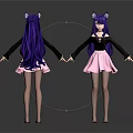 Two Anime Cat Eared Girls With Long Purple Hair Black Top Pink Skirt Holding Hands