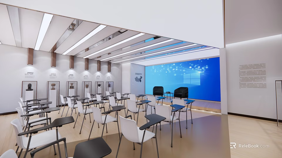 Modern Conference Room With Ceiling Lights Large Blue Screen Tables And White Chairs 3d model 