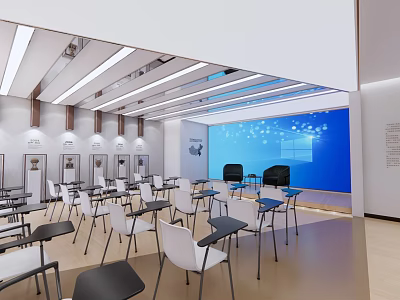 Modern Conference Room With Ceiling Lights Large Blue Screen Tables And White Chairs 3d model