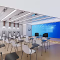 Modern Conference Room With Ceiling Lights Large Blue Screen Tables And White Chairs