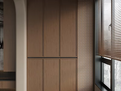 Modern Wooden Balcony Cabinet Interior Design With Brown Doors Perforated Panel And Window Blinds 3d model