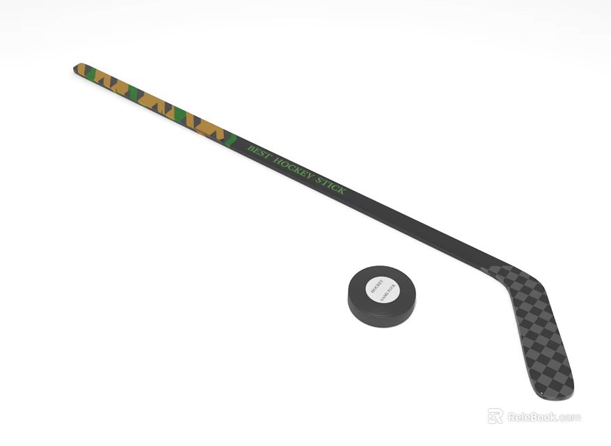Hockey Stick With Green And Black Pattern And Classic Black Hockey Puck 3d model 