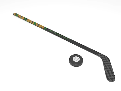 Hockey Stick With Green And Black Pattern And Classic Black Hockey Puck 3d model