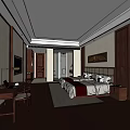 Elegant Chinese Style Hotel Room Interior With Large Bed TV Wooden Furniture And Work Desk