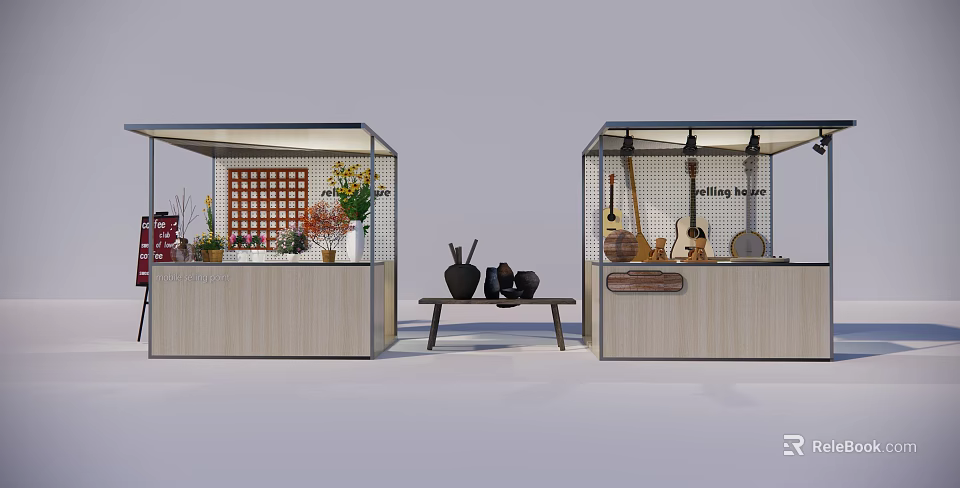 Decorative Display Booths With Flowers Musical Instruments And Vases On Table 3d model 