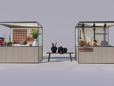 Decorative Display Booths With Flowers Musical Instruments And Vases On Table 3d model