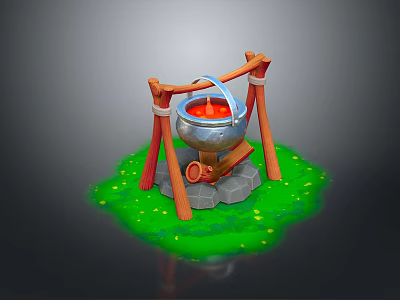 Hanging Pot With Wooden Stand Holding Red Liquid On Green Grass And Gray Stones 3d model