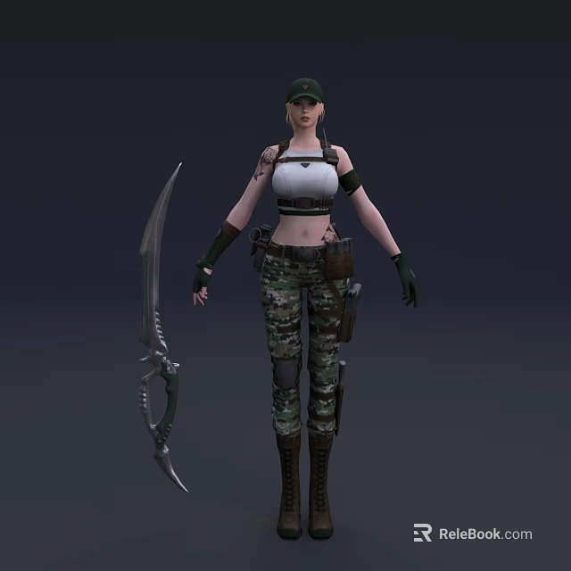 Female Game Movie Character In Camouflage Outfit With Military Cap And Tactical Knife 3d model 