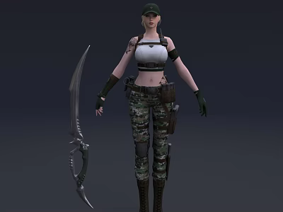 Female Game Movie Character In Camouflage Outfit With Military Cap And Tactical Knife 3d model