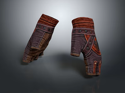 Brown And Red Leather Gloves With Decorative Straps Buttons And Vintage Design 3d model