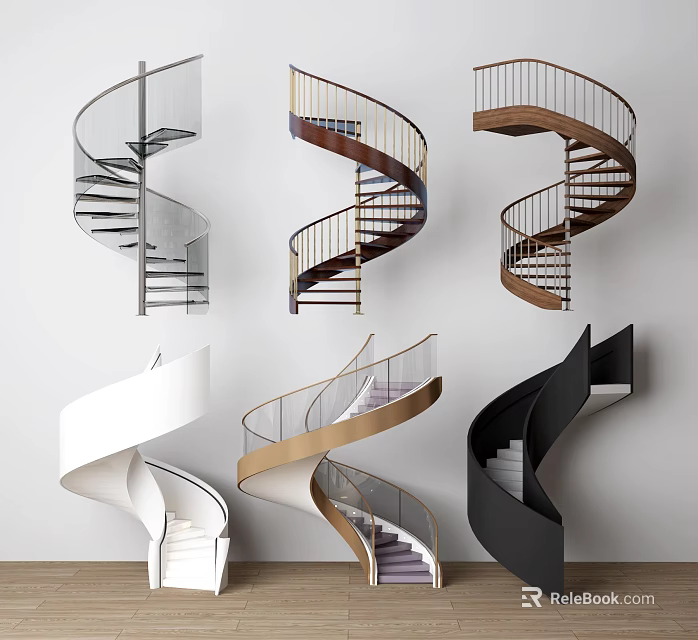 Various Modern Spiral Staircase Designs With Glass Metal And Wooden Railings 3d model 