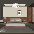 Modern Bedroom Interior With Wooden Headboard Bed Nightstands Wardrobes Chandelier Window And Rug