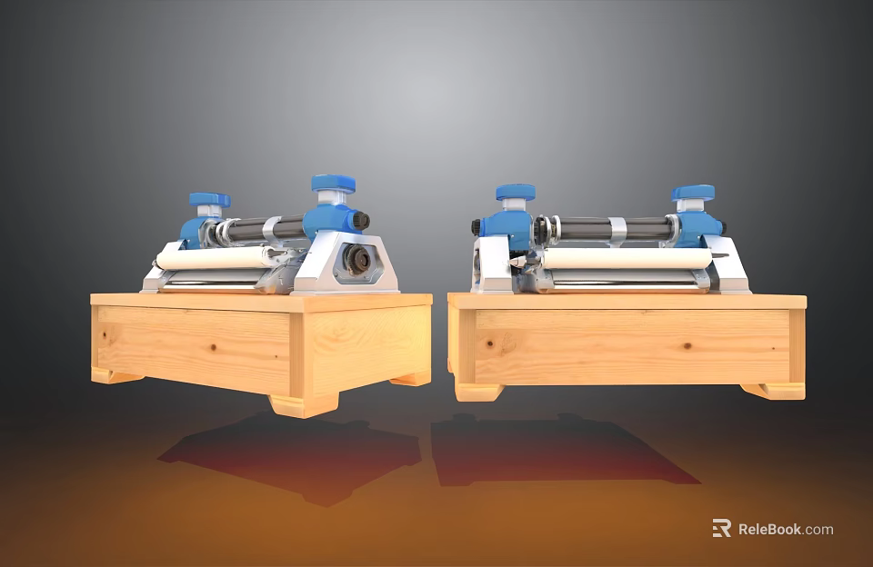 Industrial Rolling Equipment with Wooden Base and Blue Components Featuring Metal Rollers for Industrial Processing 3d model 