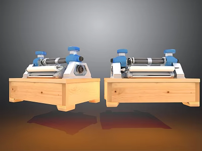 Industrial Rolling Equipment with Wooden Base and Blue Components Featuring Metal Rollers for Industrial Processing 3d model