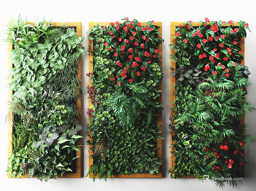 Vertical Living Plant Wall with Diverse Green Foliage and Red Flowers Decor 3d model 