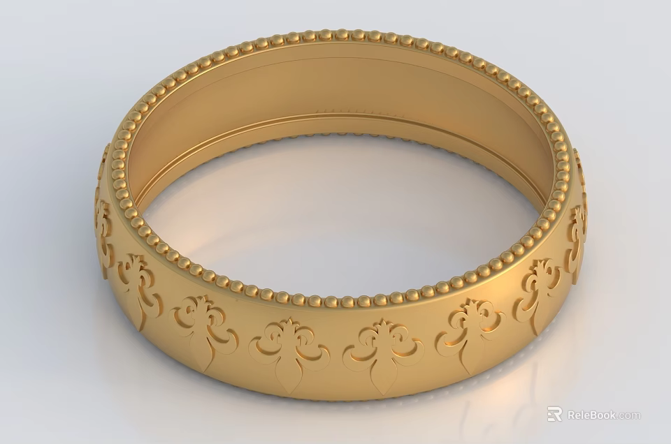 Exquisite Gold Ring With Intricate Carved Patterns And Beaded Edge Design 3d model 