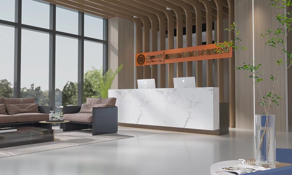 Modern Elegant White Marble Office Reception Desk With Cozy Waiting Lounge And Large Panoramic Windows 3d model 