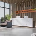 Modern Elegant White Marble Office Reception Desk With Cozy Waiting Lounge And Large Panoramic Windows