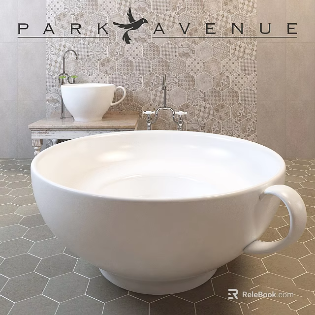 White Ceramic Bathtub With Cup Handle On Hexagonal Floor Tiles And Patterned Tiled Wall 3d model 