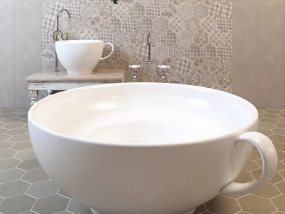 White Ceramic Bathtub With Cup Handle On Hexagonal Floor Tiles And Patterned Tiled Wall 3d model