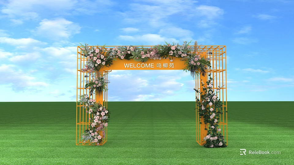 Welcome Arch with Yellow Frame Pink White Flowers Green Grass and Blue Sky 3d model 