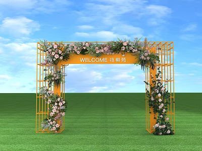 Welcome Arch with Yellow Frame Pink White Flowers Green Grass and Blue Sky 3d model