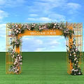 Welcome Arch with Yellow Frame Pink White Flowers Green Grass and Blue Sky