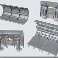 Industrial Style Scene Components With Gray Metal Pipes Grid Floors And Control Panels