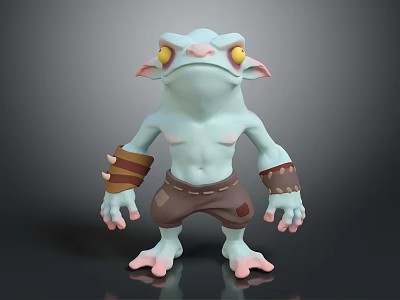 Cartoon Shirtless Blue Creature Character With Yellow Eyes Pointed Ears And Brown Shorts 3d model