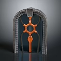 Arched Furniture Panel With Gray Textured Frame And Orange Geometric Design