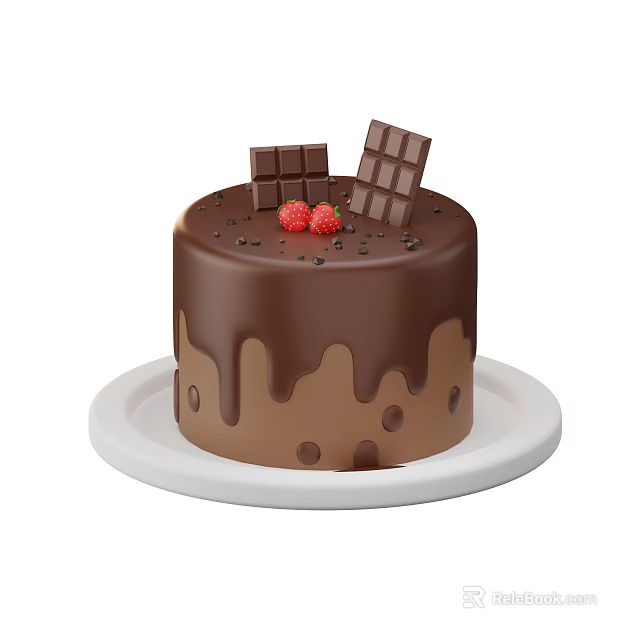 Delicious Chocolate Cake With Chocolate Drizzle Strawberries And Chunks On White Plate 3d model 