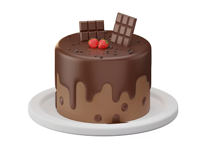Delicious Chocolate Cake With Chocolate Drizzle Strawberries And Chunks On White Plate 3d model