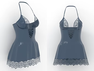 Blue Halter Dress with Satin Like Fabric and Delicate Lace Trim Design 3d model