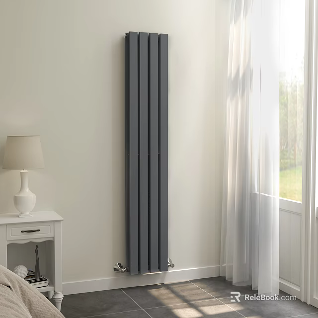 Gray Vertical Radiator In Modern Interior With White Wall Side Table And Curtains 3d model 