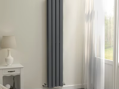 Gray Vertical Radiator In Modern Interior With White Wall Side Table And Curtains 3d model