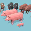 Low Poly Style Pigs In Various Sizes And Colors Standing On Light Blue Background