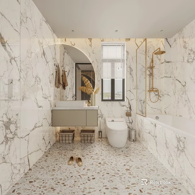 Elegant Modern Bathroom Interior With Marble Walls Vanity Bathtub And Gold Shower Fixture 3d model 