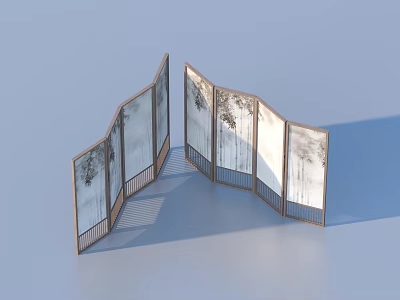 Foldable Home Decor Room Divider With Wooden Frame And Landscape Painting 3d model