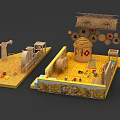 Kids Playground With Straw Roof Wooden Structures And Colorful Toys On Yellow Floor