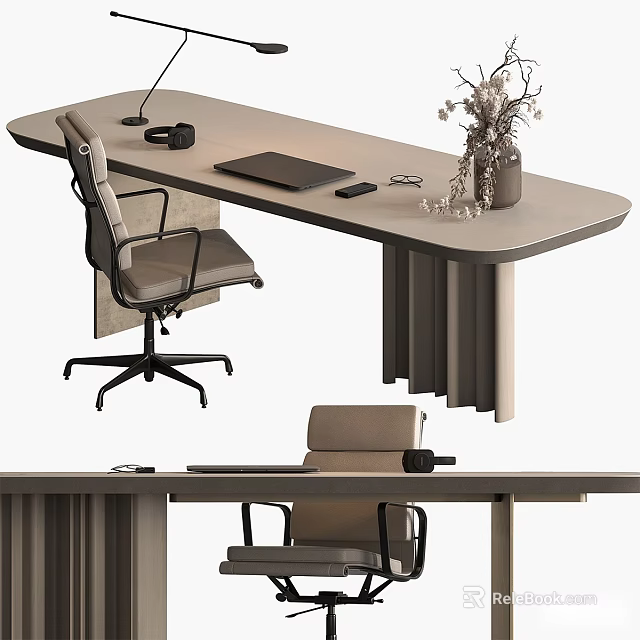 Modern Home Office Desk Setup With Laptop Headphones Lamp And Flowers 3d model 