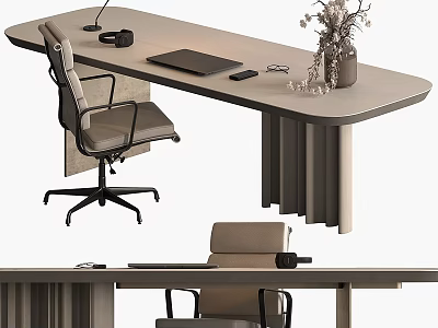 Modern Home Office Desk Setup With Laptop Headphones Lamp And Flowers 3d model