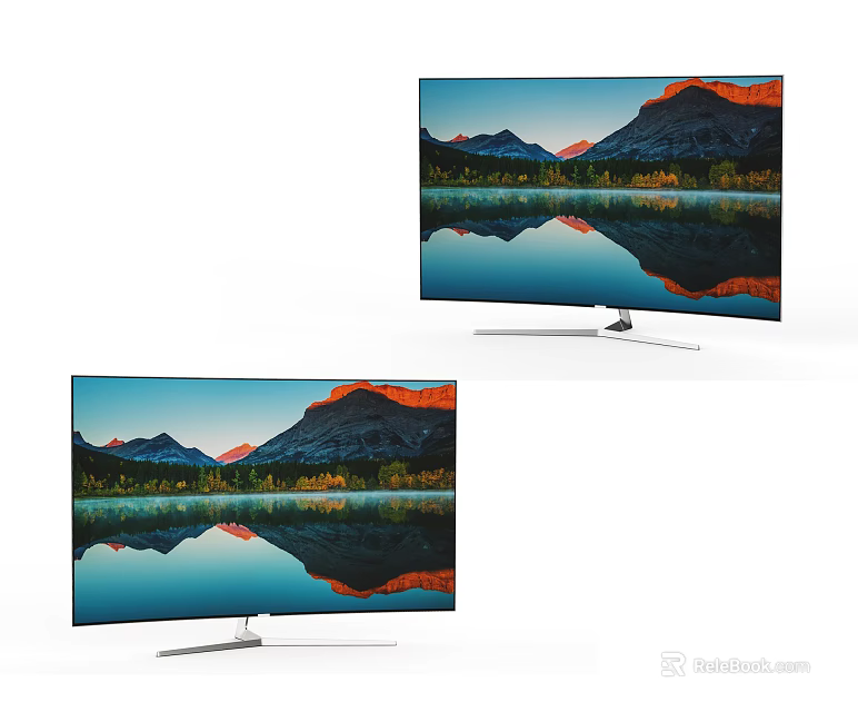Modern Curved Televisions with Slim Profile Displaying Mountain Lake Reflection Scenery 3d model 