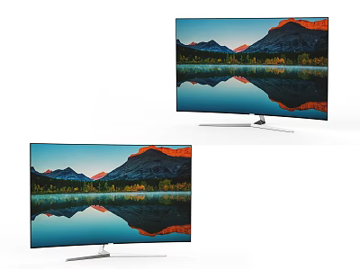 Modern Curved Televisions with Slim Profile Displaying Mountain Lake Reflection Scenery 3d model