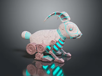 Game and Film Character Mechanical Rabbit With Glowing Teal Lines Vintage Metallic Texture Gear Details 3d model