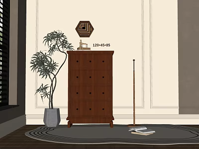 Dark Brown Chest of Drawers with Potted Plant Floor Lamp and Books on Rug 3d model