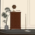 Dark Brown Chest of Drawers with Potted Plant Floor Lamp and Books on Rug