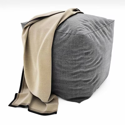 Gray Fabric Ottoman With Beige Blanket And Black Trim For Living Room 3d model