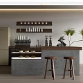 Modern Style Bar Counter With Coffee Machines Wooden Shelves Cups And Green Plants Stools