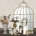 Vintage Table and Chair Set with Metal Birdcage Mirror Dried Flowers and Decorative Vases